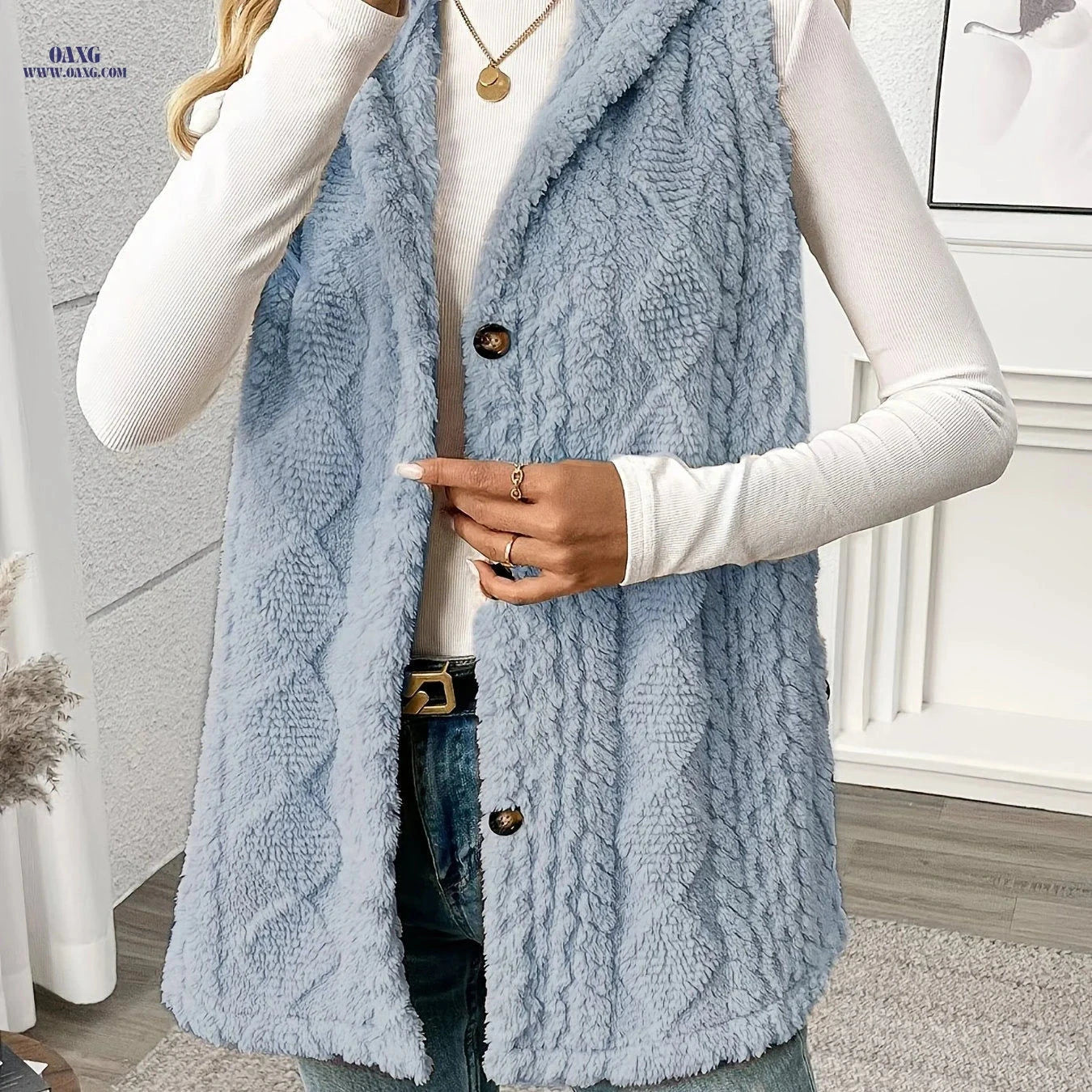OAXG Women's Sleeveless Plush Coat - Elegant Solid Color Design   OAXG 