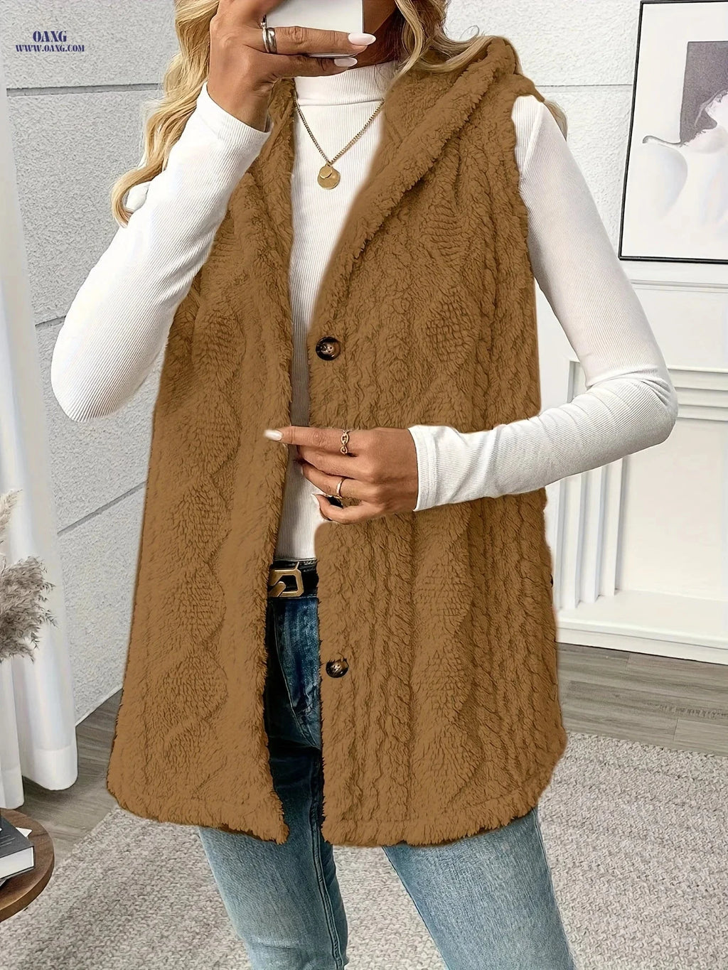 OAXG Women's Sleeveless Plush Coat - Elegant Solid Color Design   OAXG 