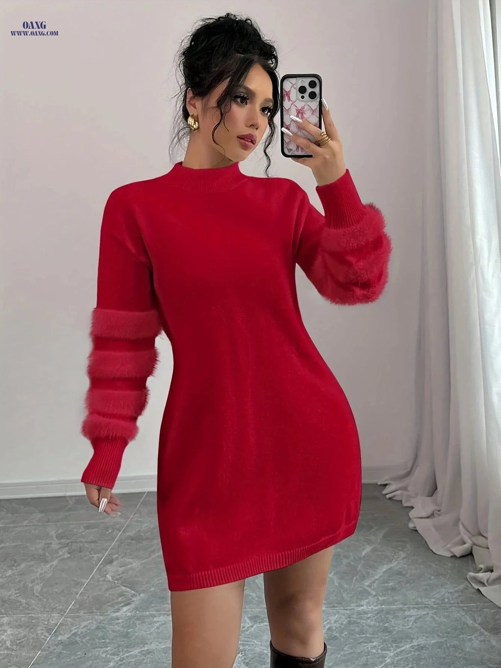 OAXG Women's Slim Fit Plush Midi Dress - Autumn/Winter Collection   OAXG White / XS
