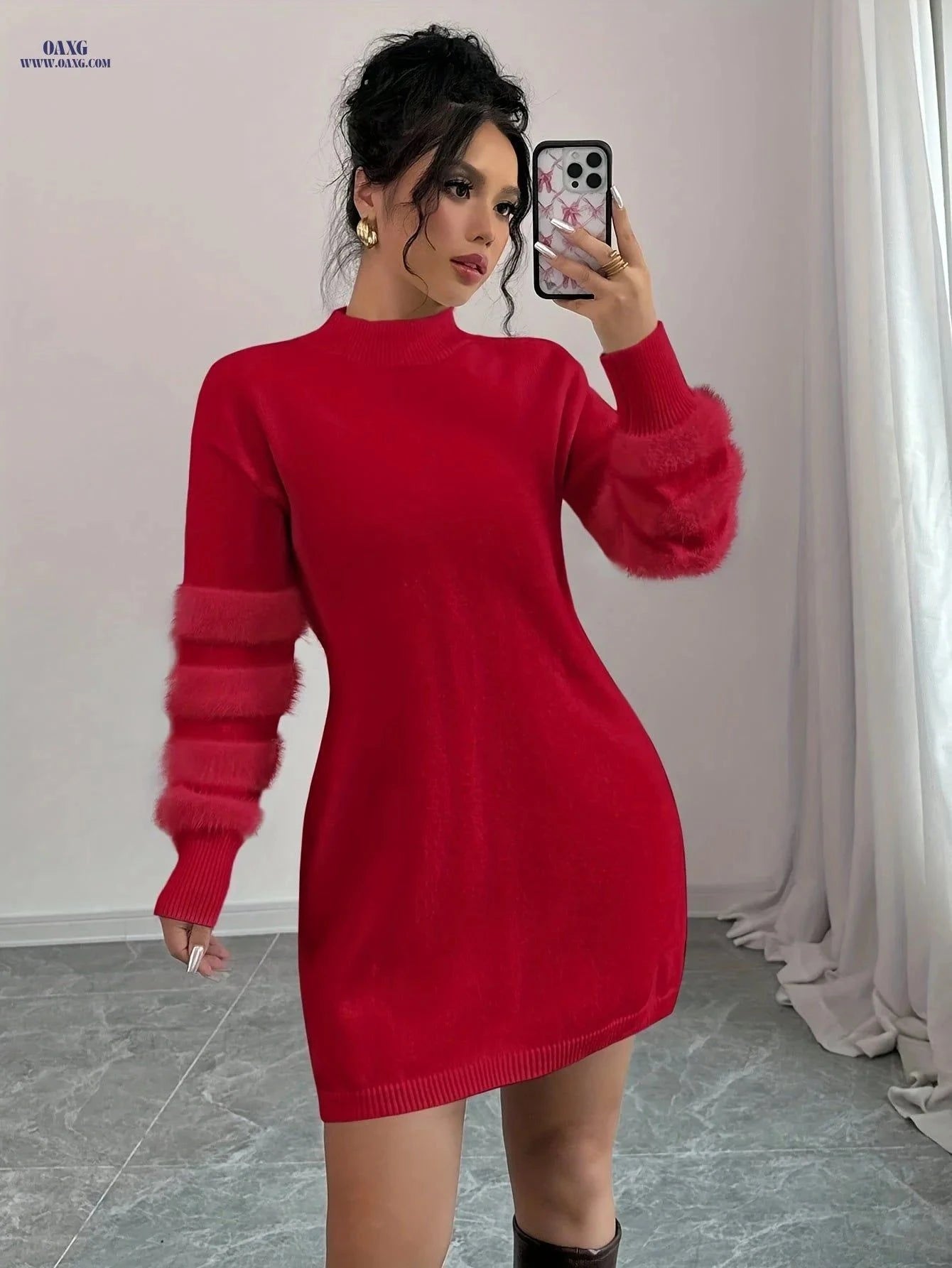 OAXG Women's Slim Fit Plush Midi Dress - Autumn/Winter Collection   OAXG White / XS