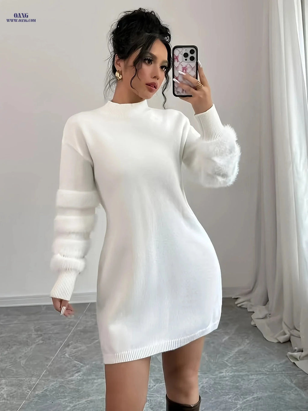 OAXG Women's Slim Fit Plush Midi Dress - Autumn/Winter Collection   OAXG White / XS