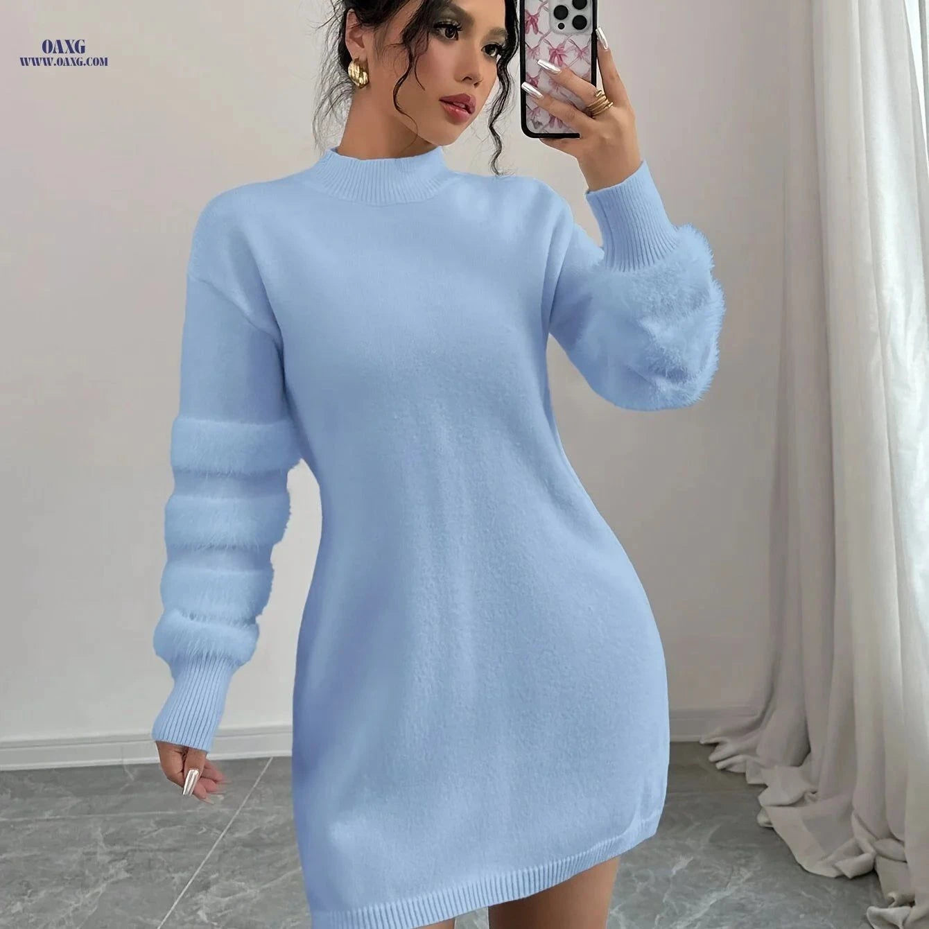 OAXG Women's Slim Fit Plush Midi Dress - Autumn/Winter Collection   OAXG White / XS