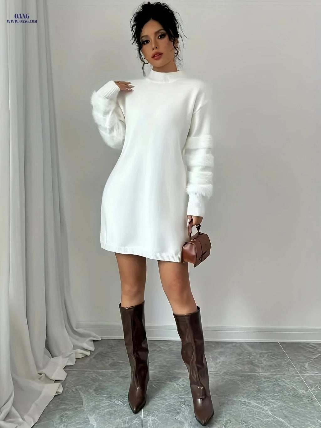 OAXG Women's Slim Fit Plush Midi Dress - Autumn/Winter Collection   OAXG White / XS