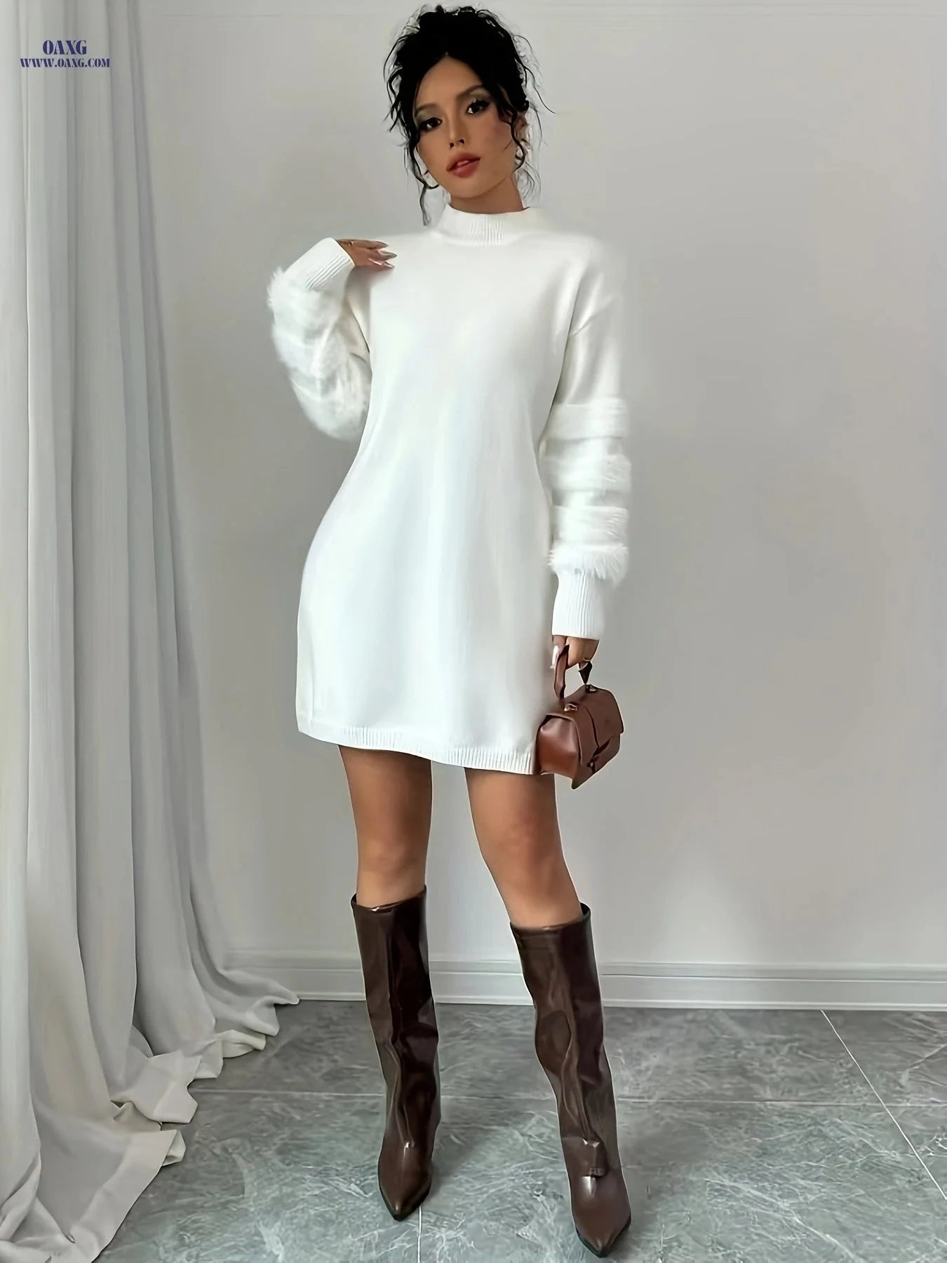 OAXG Women's Slim Fit Plush Midi Dress - Autumn/Winter Collection   OAXG White / XS