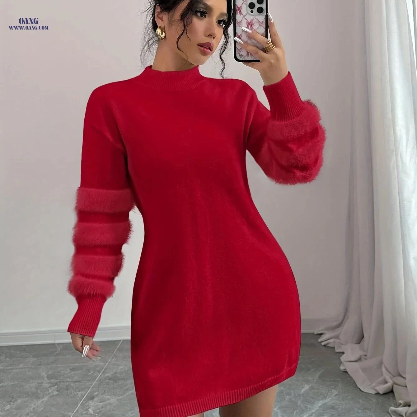 OAXG Women's Slim Fit Plush Midi Dress - Autumn/Winter Collection   OAXG White / XS