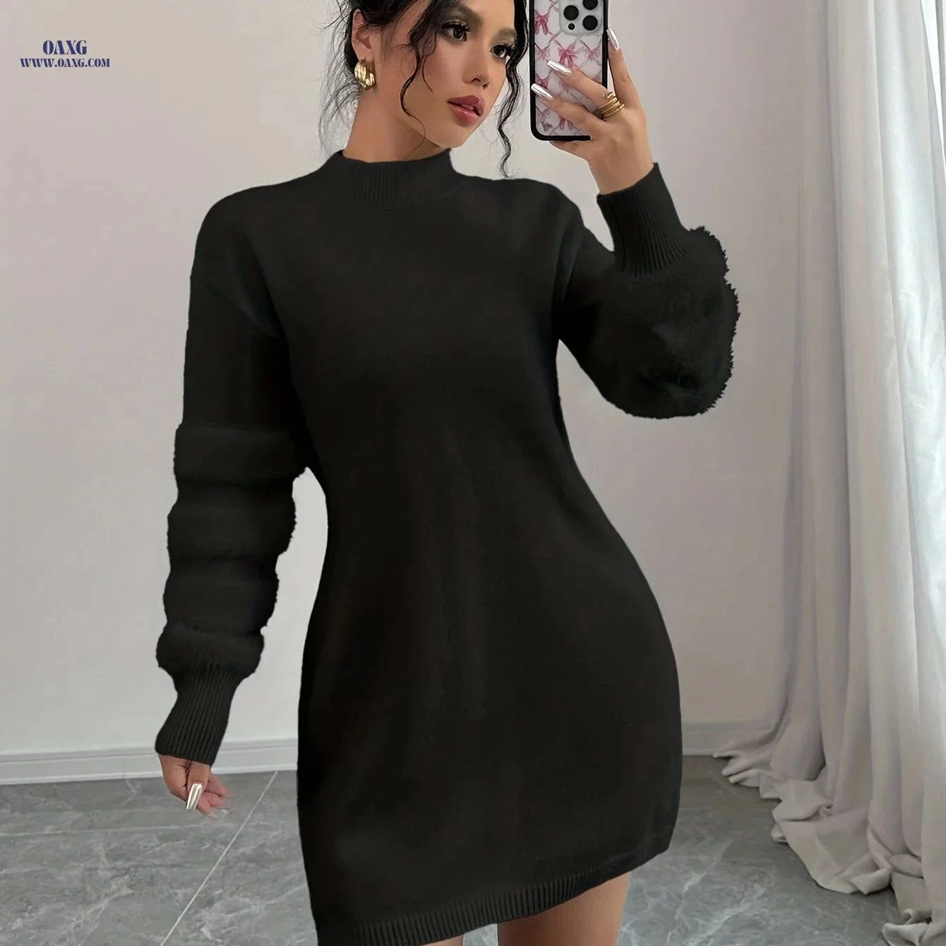 OAXG Women's Slim Fit Plush Midi Dress - Autumn/Winter Collection   OAXG White / XS
