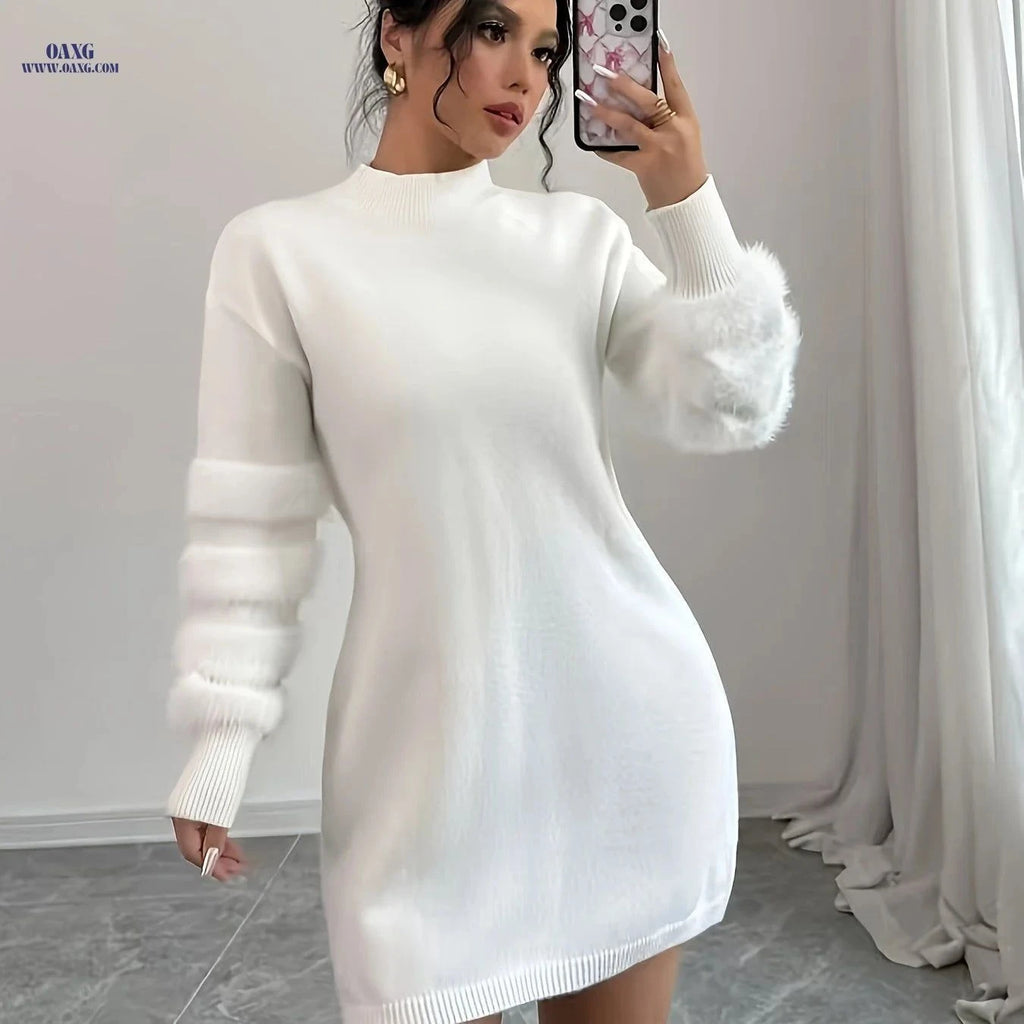 OAXG Women's Slim Fit Plush Midi Dress - Autumn/Winter Collection   OAXG White / XS