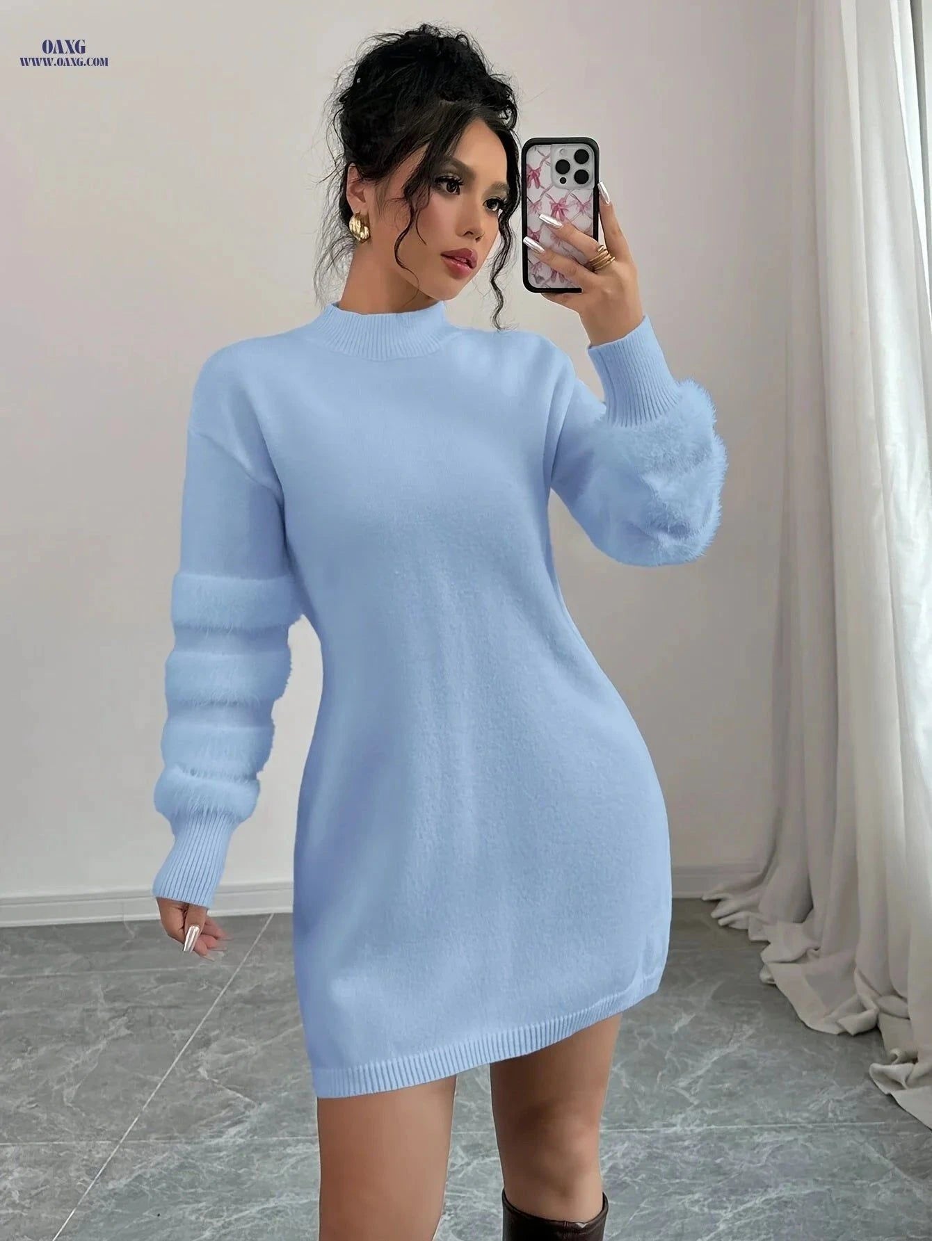 OAXG Women's Slim Fit Plush Midi Dress - Autumn/Winter Collection   OAXG White / XS