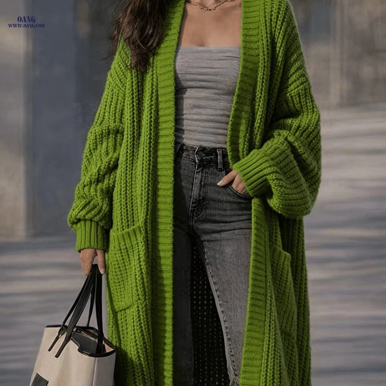 OAXG Women's Solid Color Cardigan - Casual Long Sleeve Open Front   OAXG Olive / S