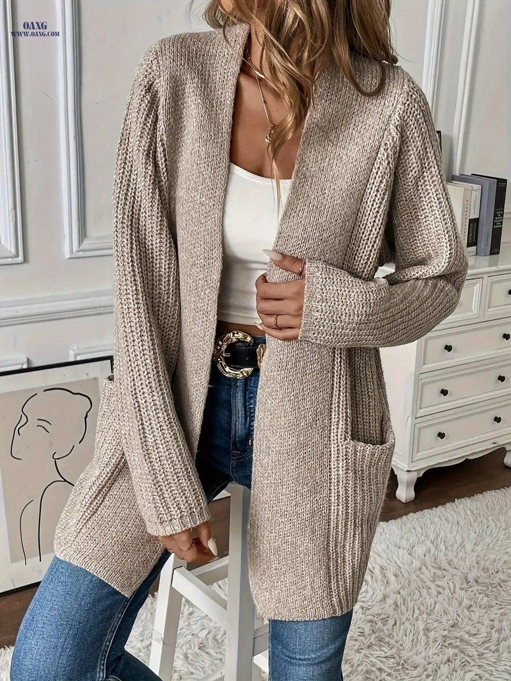 OAXG Women's Solid Color Cardigan - Cozy Korean Style Top   OAXG Tawny / S