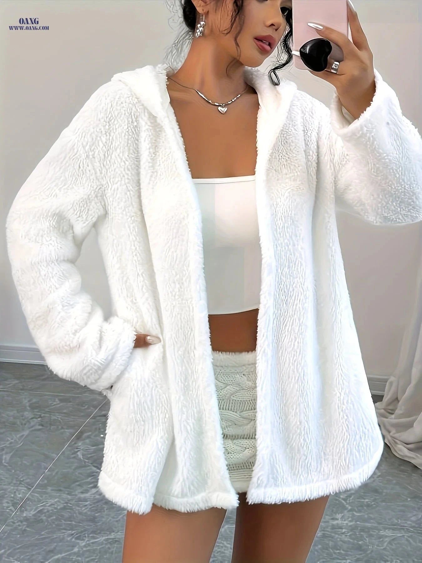OAXG Women's Solid Color Cardigan - Elegant Knit for Fall/Winter   OAXG White / S