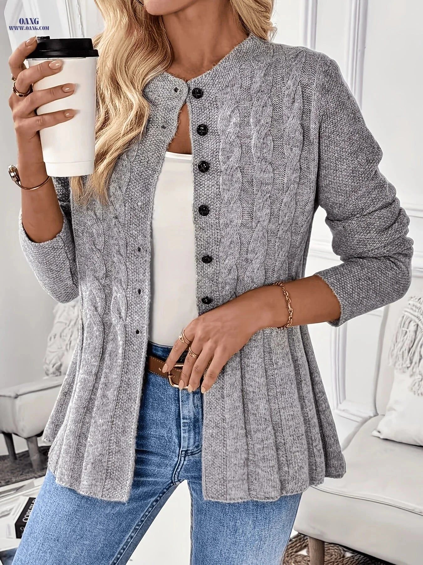 OAXG Women’s Solid Color Cardigan - Long Sleeve & Casual Style   OAXG Light Grey / S