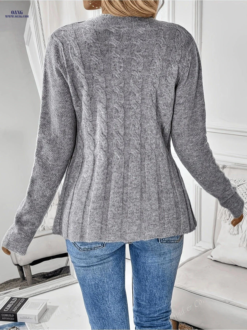 OAXG Women’s Solid Color Cardigan - Long Sleeve & Casual Style   OAXG Light Grey / S