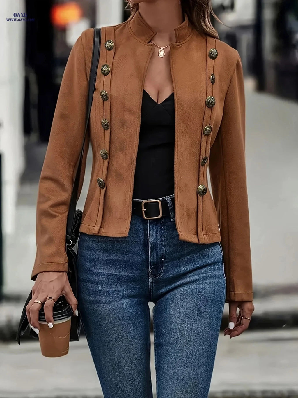 OAXG Women's Solid Color Double-Breasted Jacket - Elegant Spring Coat   OAXG 