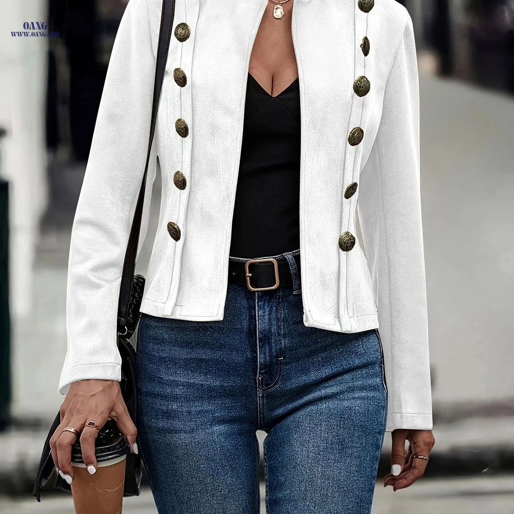 OAXG Women's Solid Color Double-Breasted Jacket - Elegant Spring Coat   OAXG 