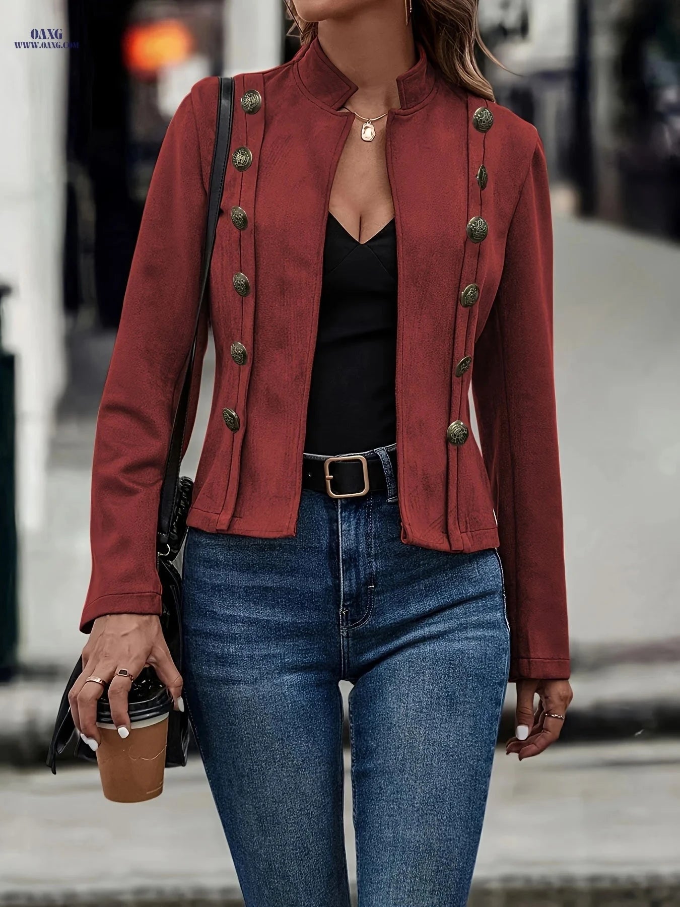 OAXG Women's Solid Color Double-Breasted Jacket - Elegant Spring Coat   OAXG 