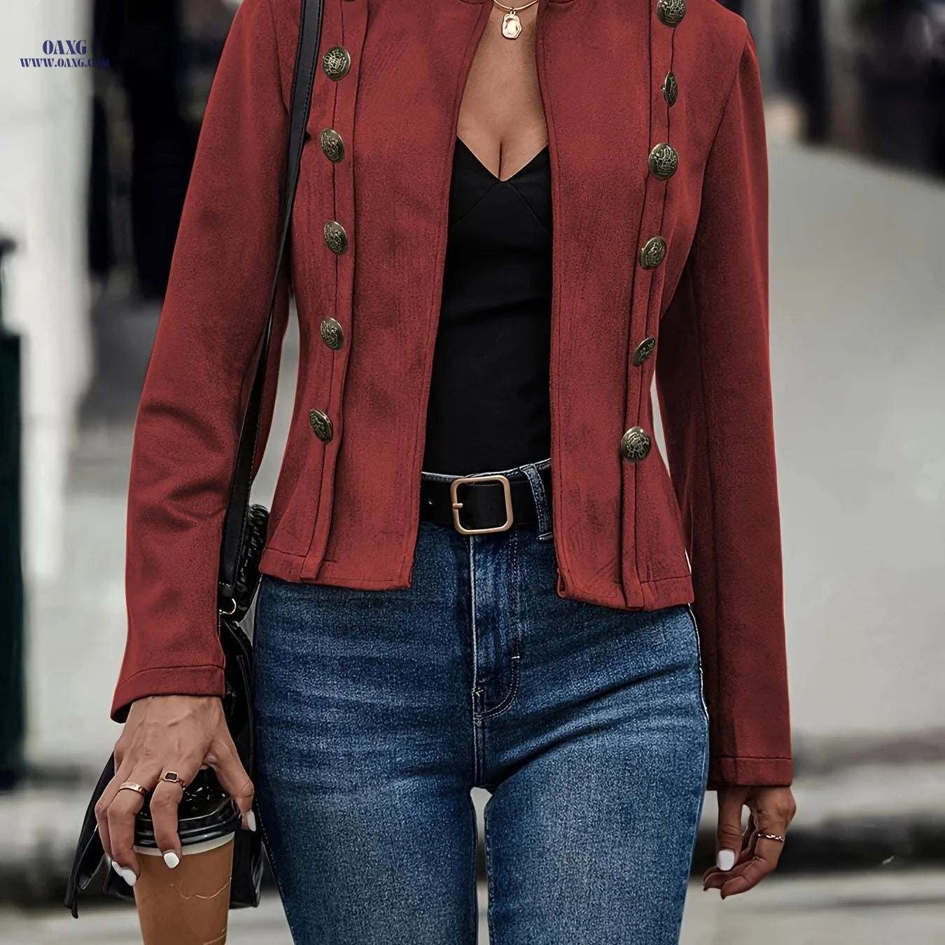 OAXG Women's Solid Color Double-Breasted Jacket - Elegant Spring Coat   OAXG 