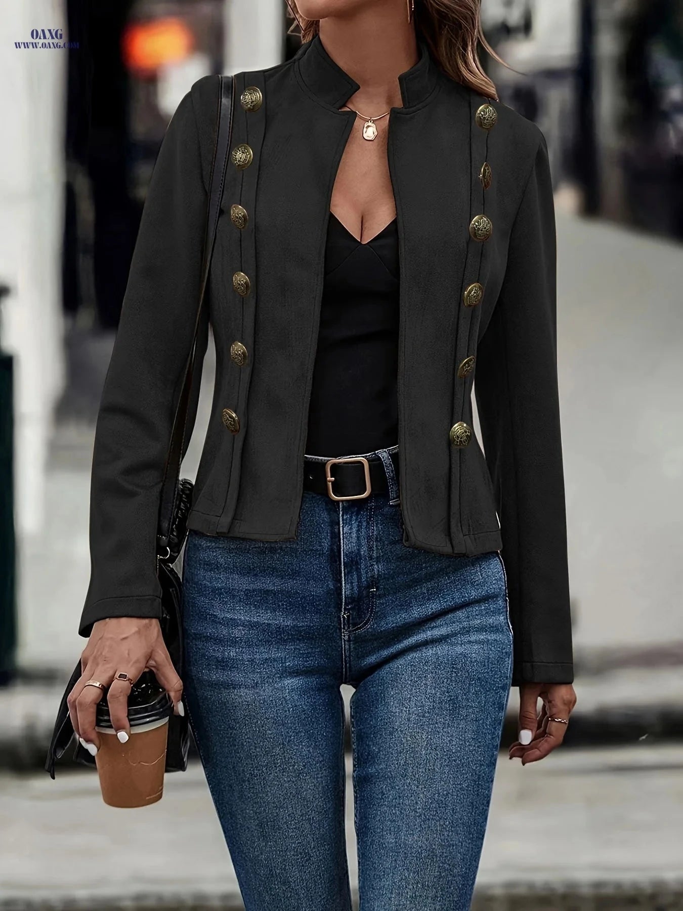 OAXG Women's Solid Color Double-Breasted Jacket - Elegant Spring Coat   OAXG 