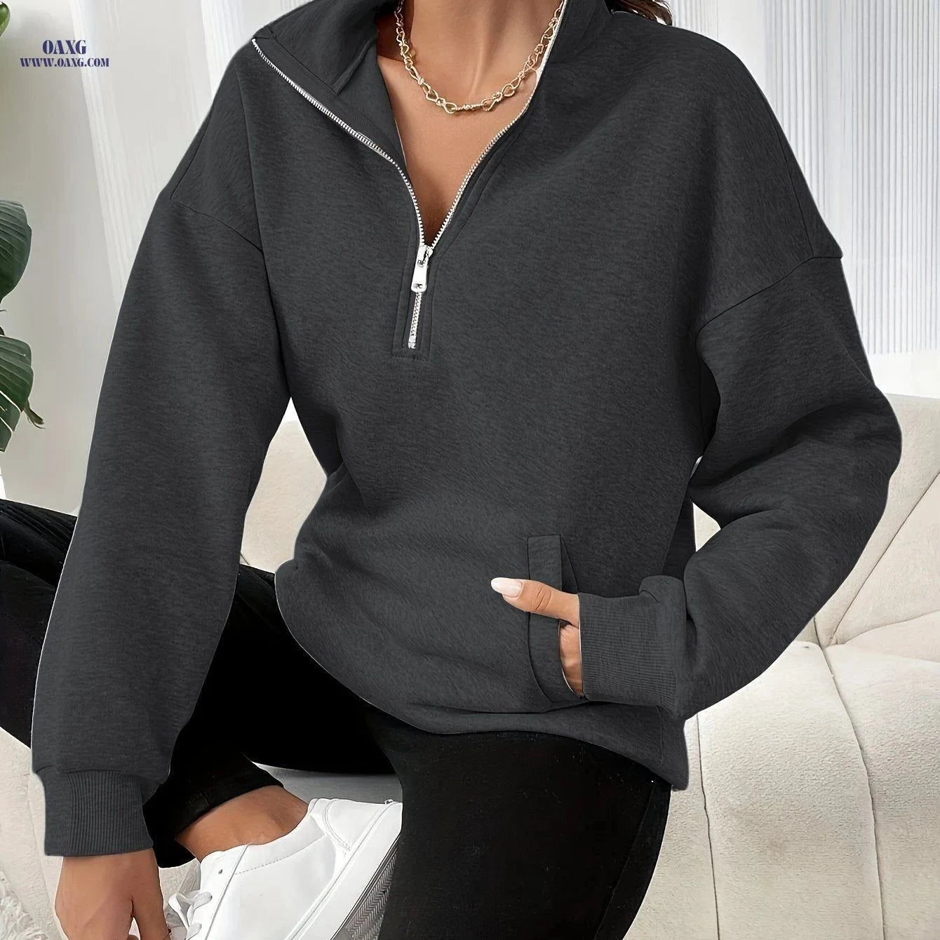 OAXG Women's Solid Color Half-Zip Sweatshirt - Casual Fall Style   OAXG Light Grey / XS
