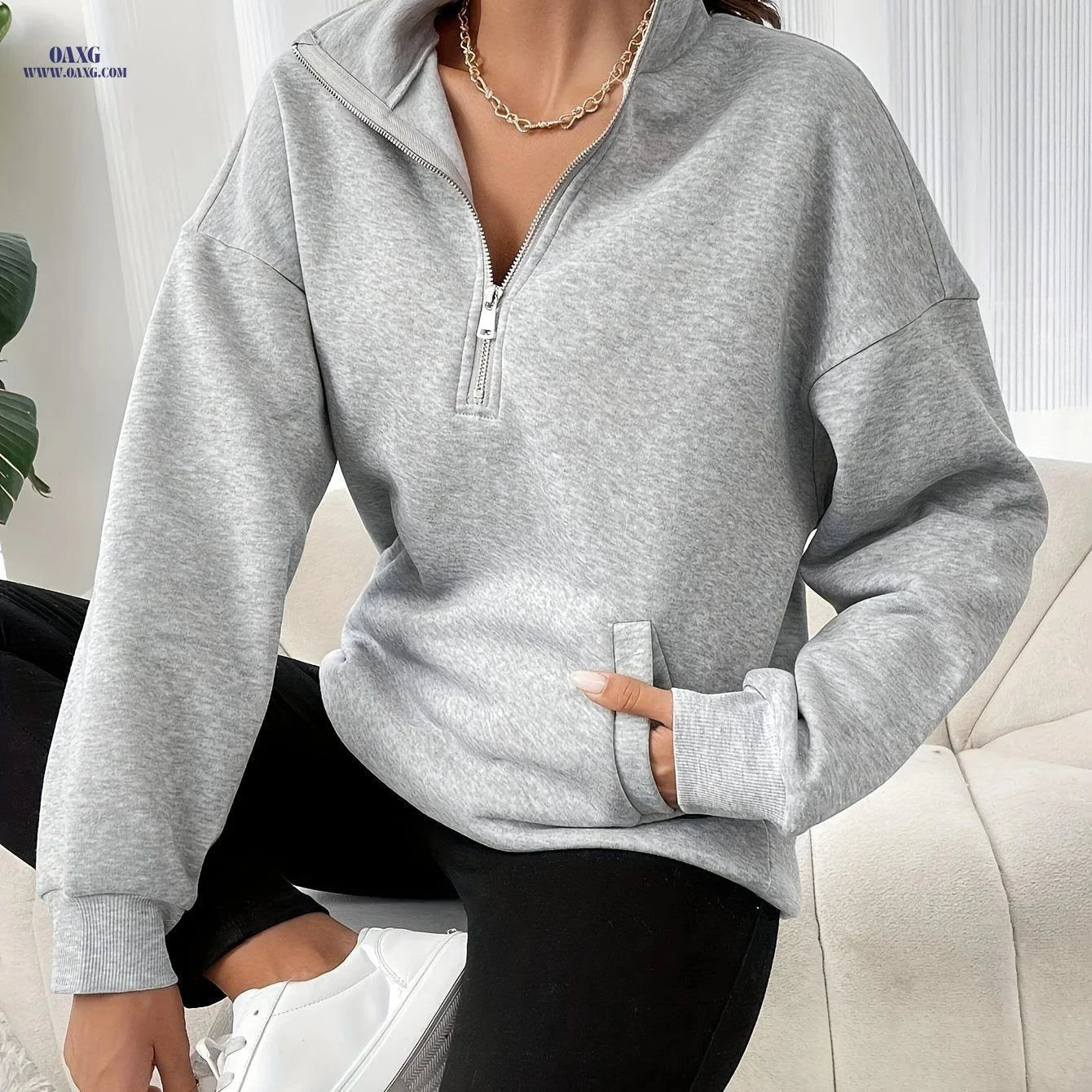 OAXG Women's Solid Color Half-Zip Sweatshirt - Casual Fall Style   OAXG Light Grey / XS
