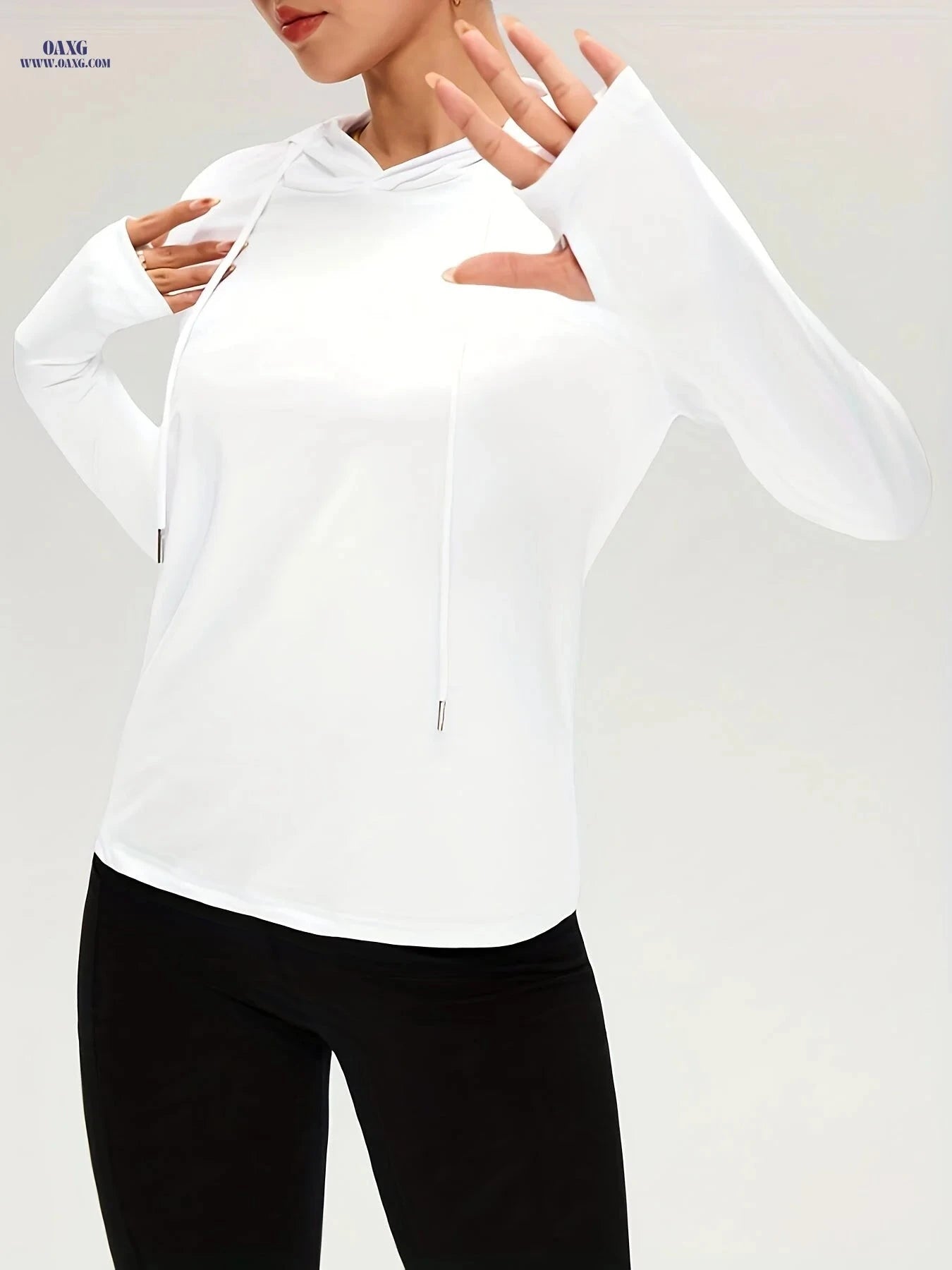 OAXG Women's Solid Color Long Sleeve Hoodie - Casual Athletic Style   OAXG Black / XS