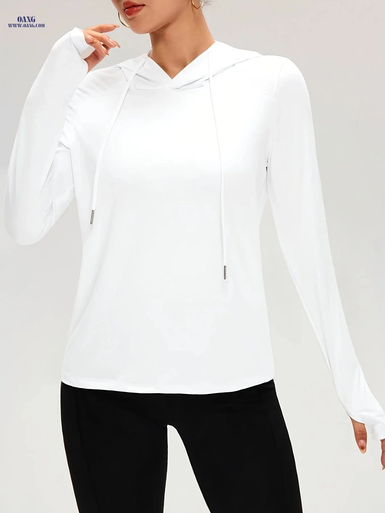 OAXG Women's Solid Color Long Sleeve Hoodie - Casual Athletic Style   OAXG Black / XS