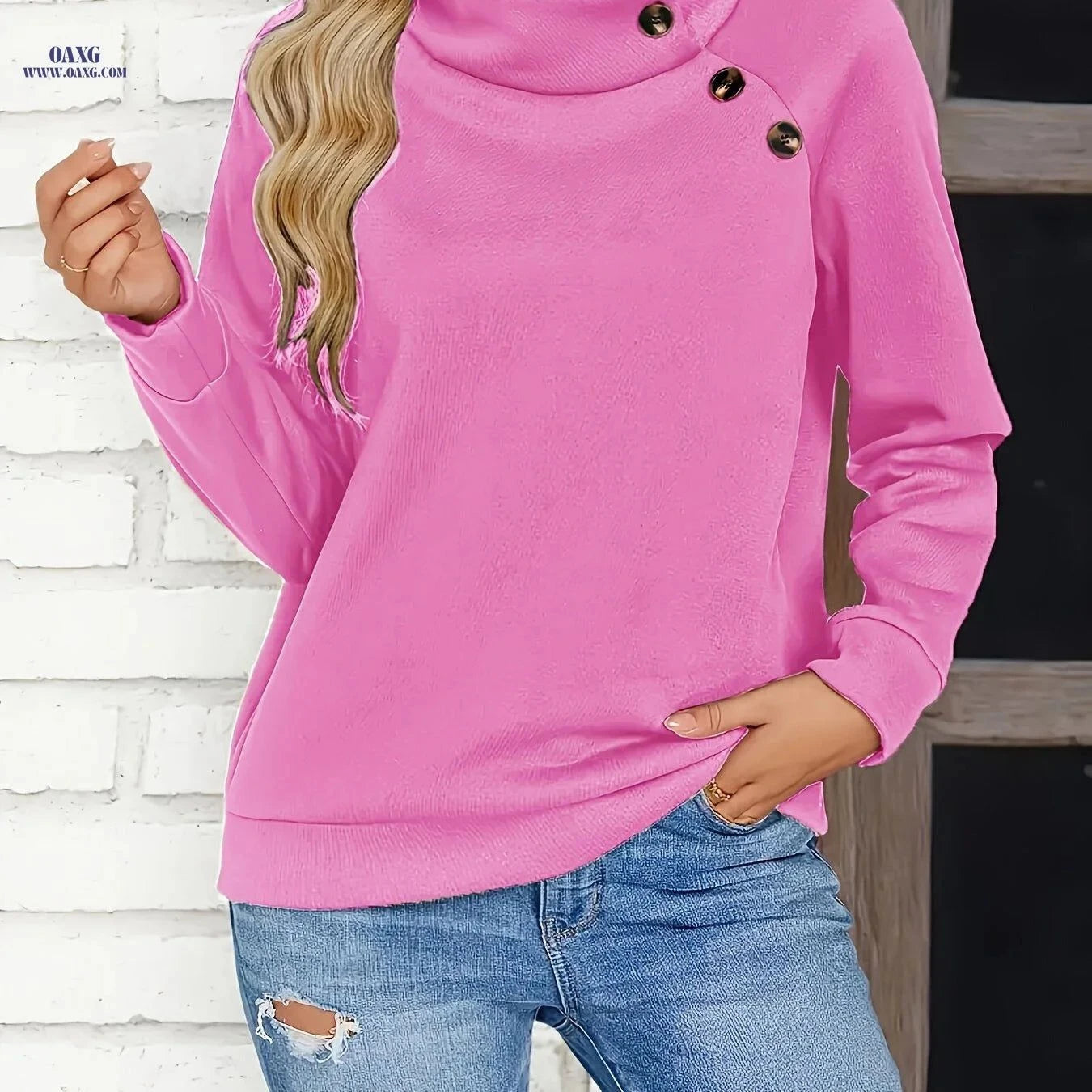 OAXG Women's Solid Color Sweatshirt - Casual Long Sleeve for Fall   OAXG Pink / S
