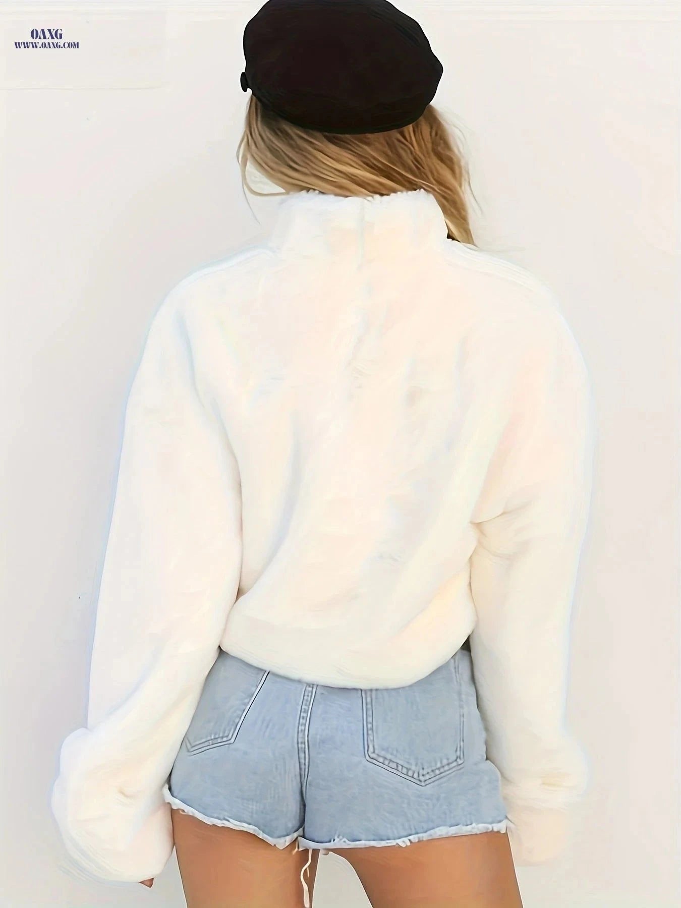 OAXG Women's Solid Faux Plush Sweater - Elegant High Neck Top   OAXG Beige / S