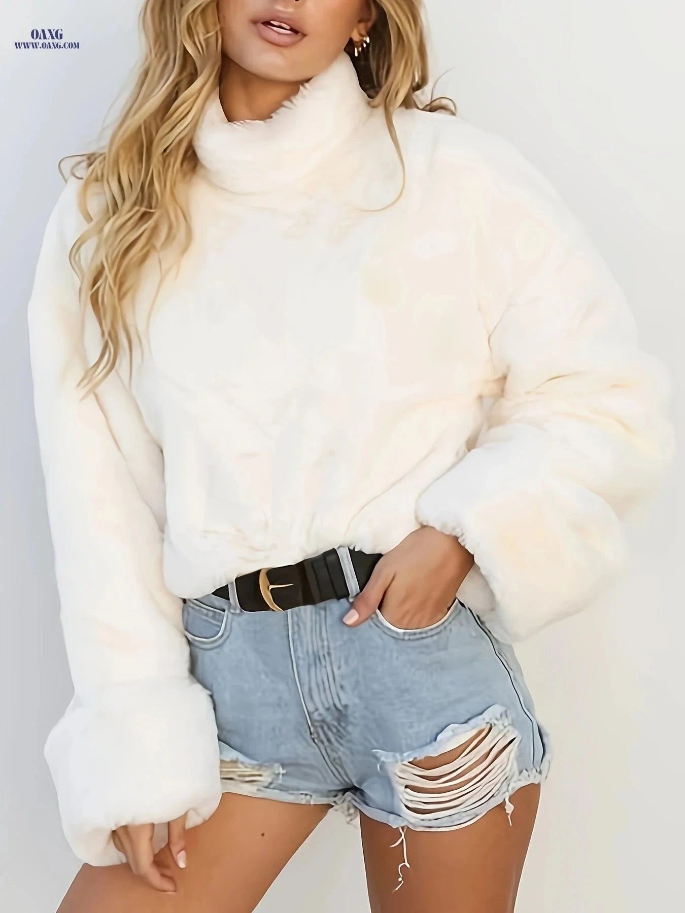 OAXG Women's Solid Faux Plush Sweater - Elegant High Neck Top   OAXG Beige / S