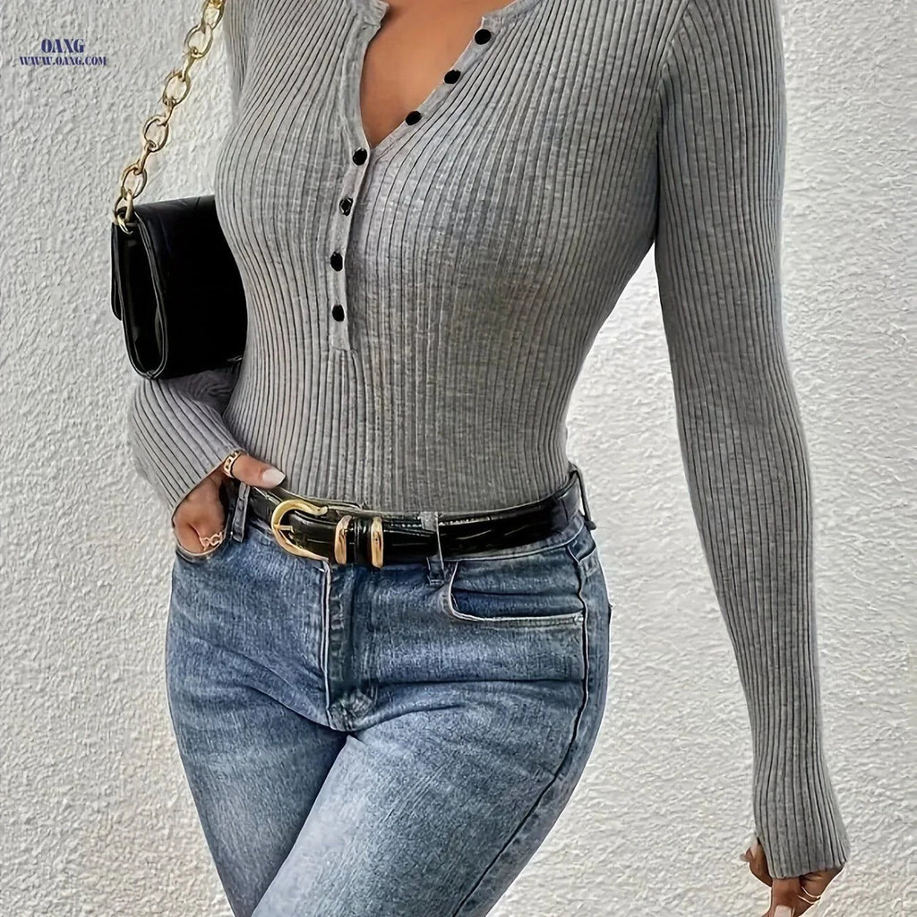 OAXG Women's Solid Ribbed Sweater - Elegant Long Sleeve Cardigan   OAXG Space Gray / XS