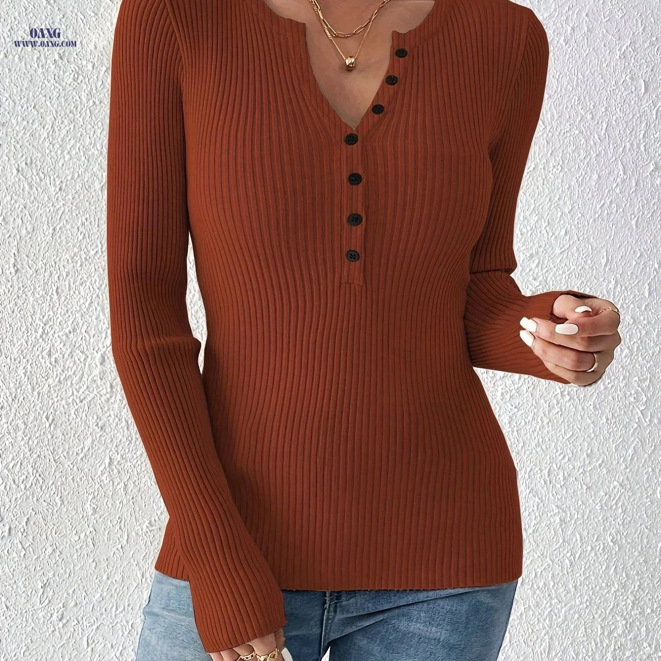 OAXG Women's Solid Ribbed Sweater - Elegant Long Sleeve Cardigan   OAXG Space Gray / XS