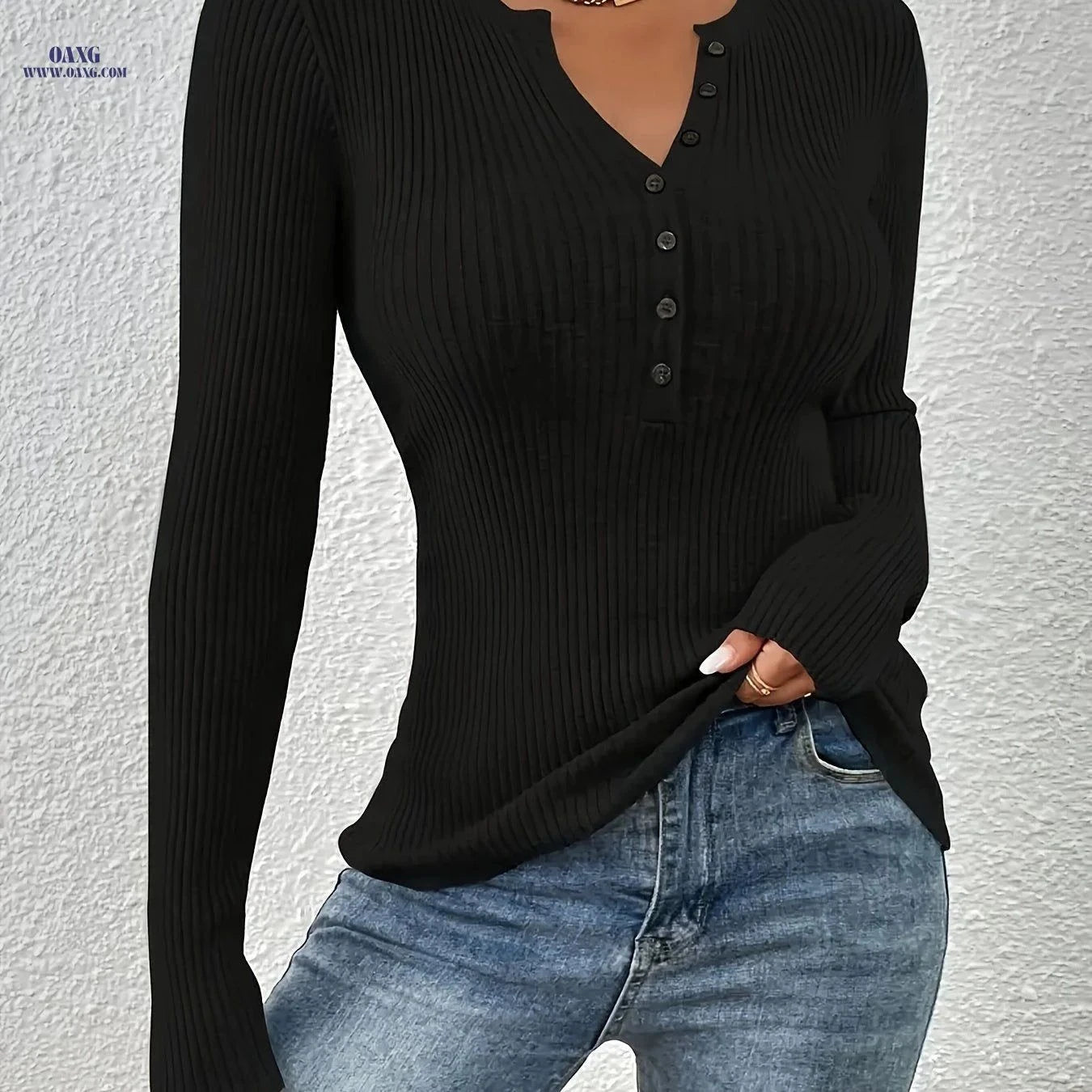 OAXG Women's Solid Ribbed Sweater - Elegant Long Sleeve Cardigan   OAXG Space Gray / XS