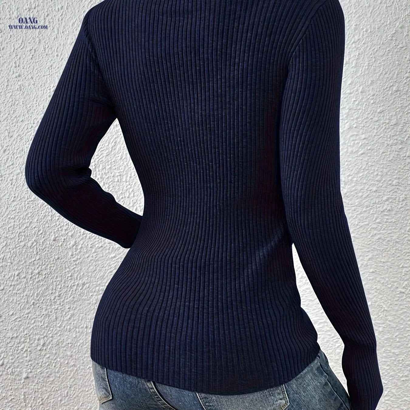 OAXG Women's Solid Ribbed Sweater - Elegant Long Sleeve Cardigan   OAXG Space Gray / XS