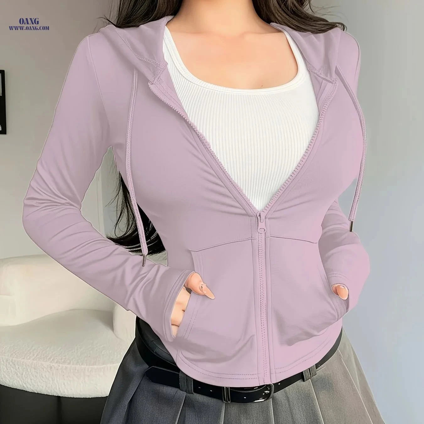 OAXG Women's Spring Hoodie - Elegant Solid Color Design, Micro Elasticity   OAXG Black / XS
