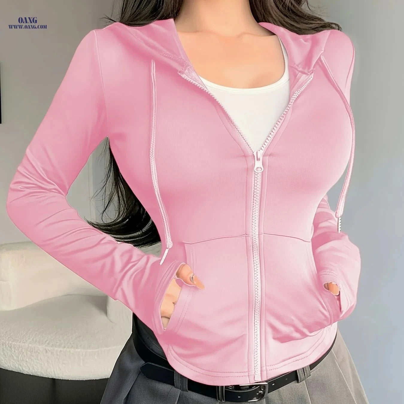 OAXG Women's Spring Hoodie - Elegant Solid Color Design, Micro Elasticity   OAXG Black / XS