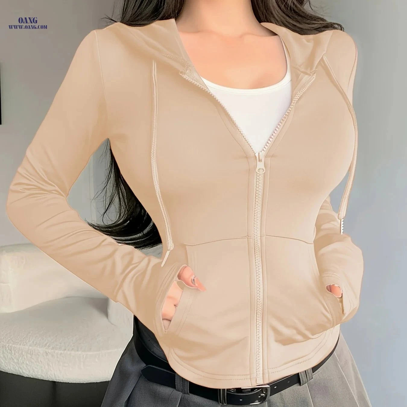 OAXG Women's Spring Hoodie - Elegant Solid Color Design, Micro Elasticity   OAXG Black / XS