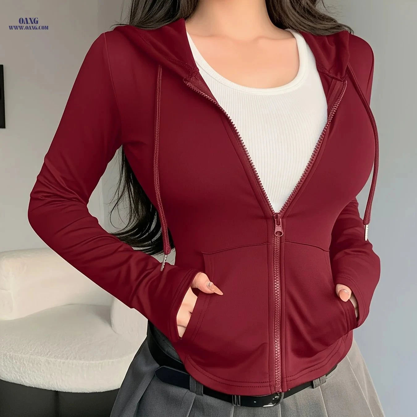 OAXG Women's Spring Hoodie - Elegant Solid Color Design, Micro Elasticity   OAXG Black / XS