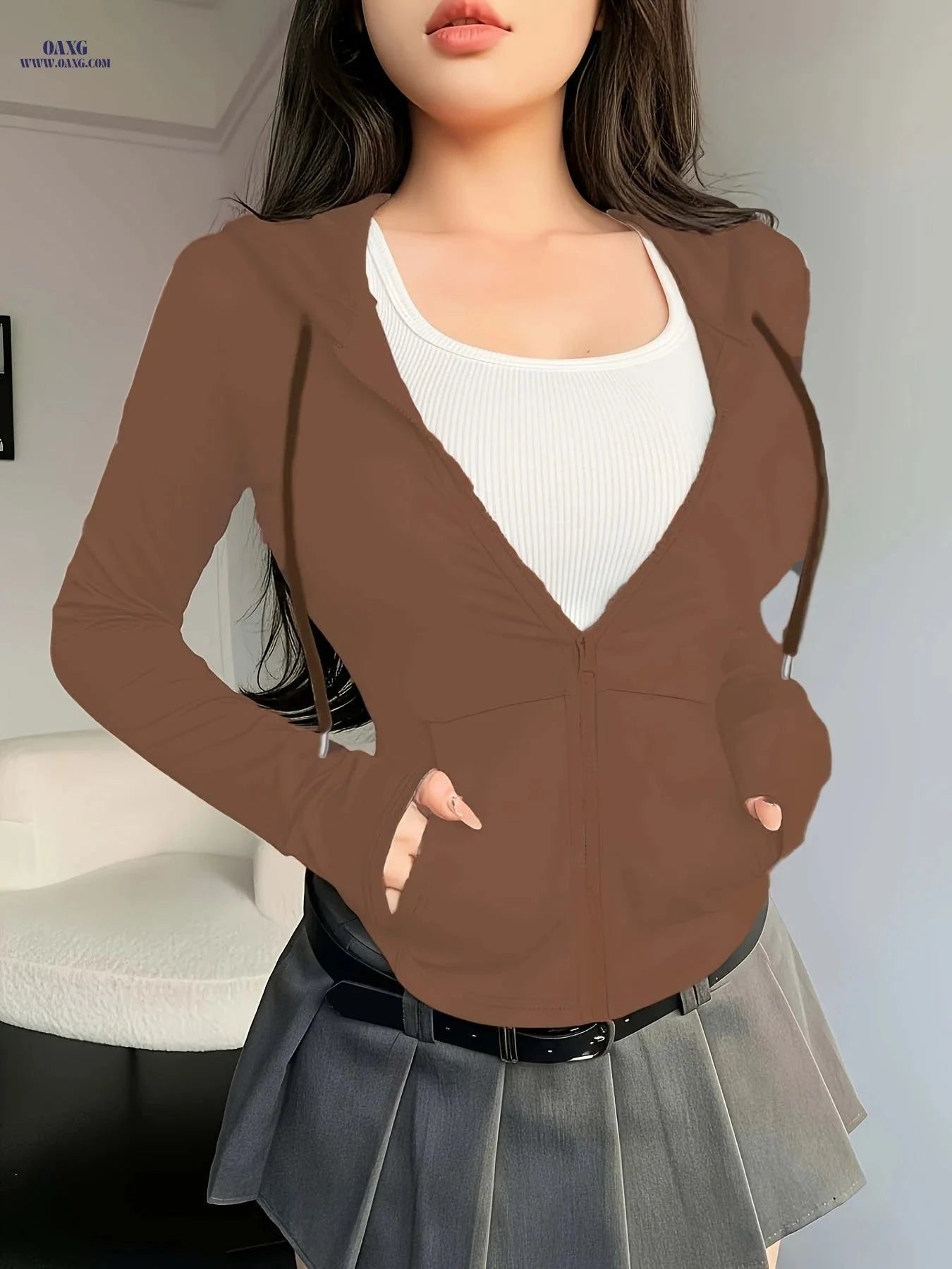 OAXG Women's Spring Hoodie - Elegant Solid Color Design, Micro Elasticity   OAXG Black / XS