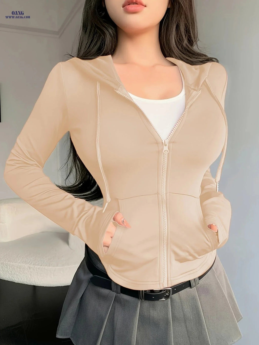 OAXG Women's Spring Hoodie - Elegant Solid Color Design, Micro Elasticity   OAXG Black / XS