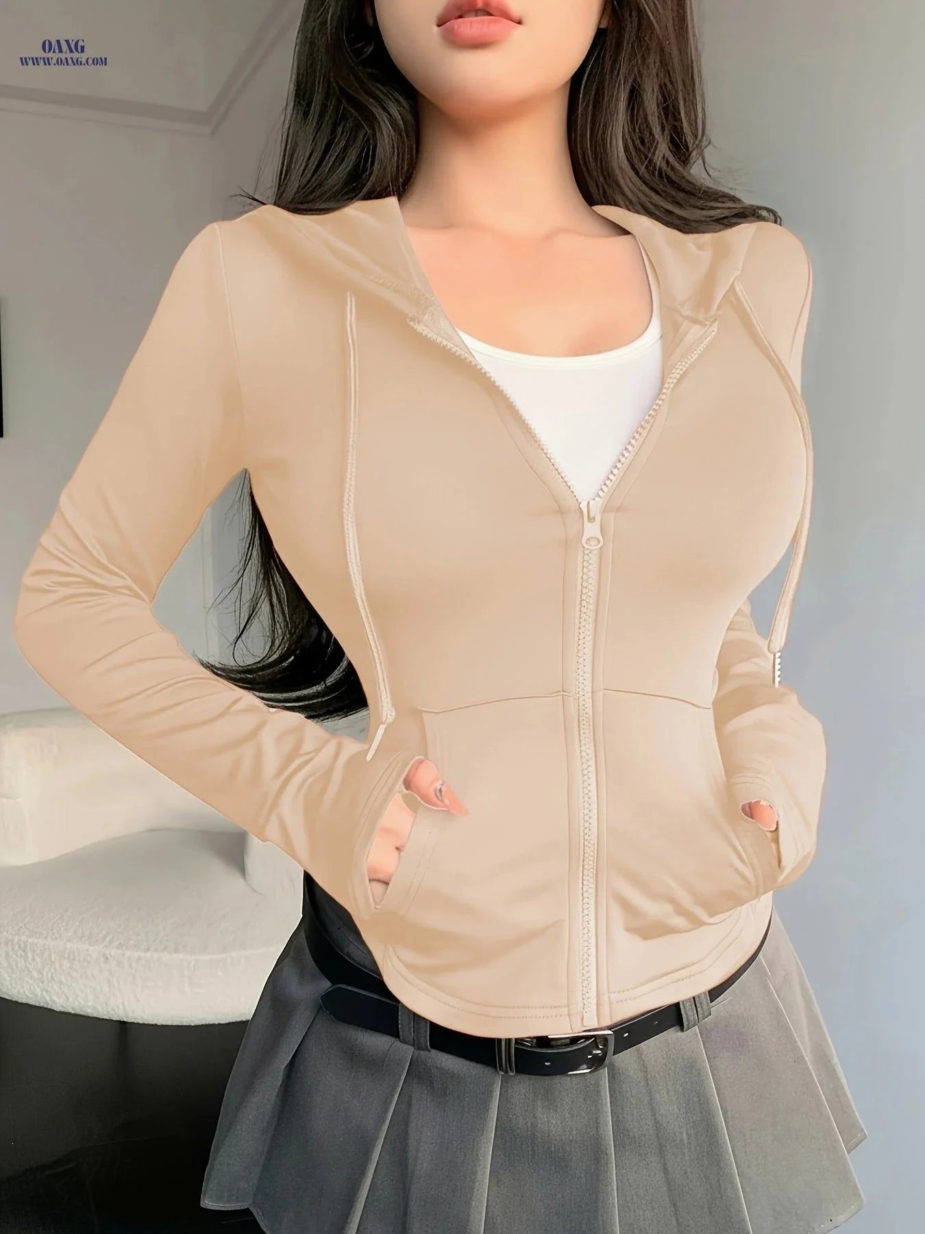OAXG Women's Spring Hoodie - Elegant Solid Color Design, Micro Elasticity   OAXG Black / XS