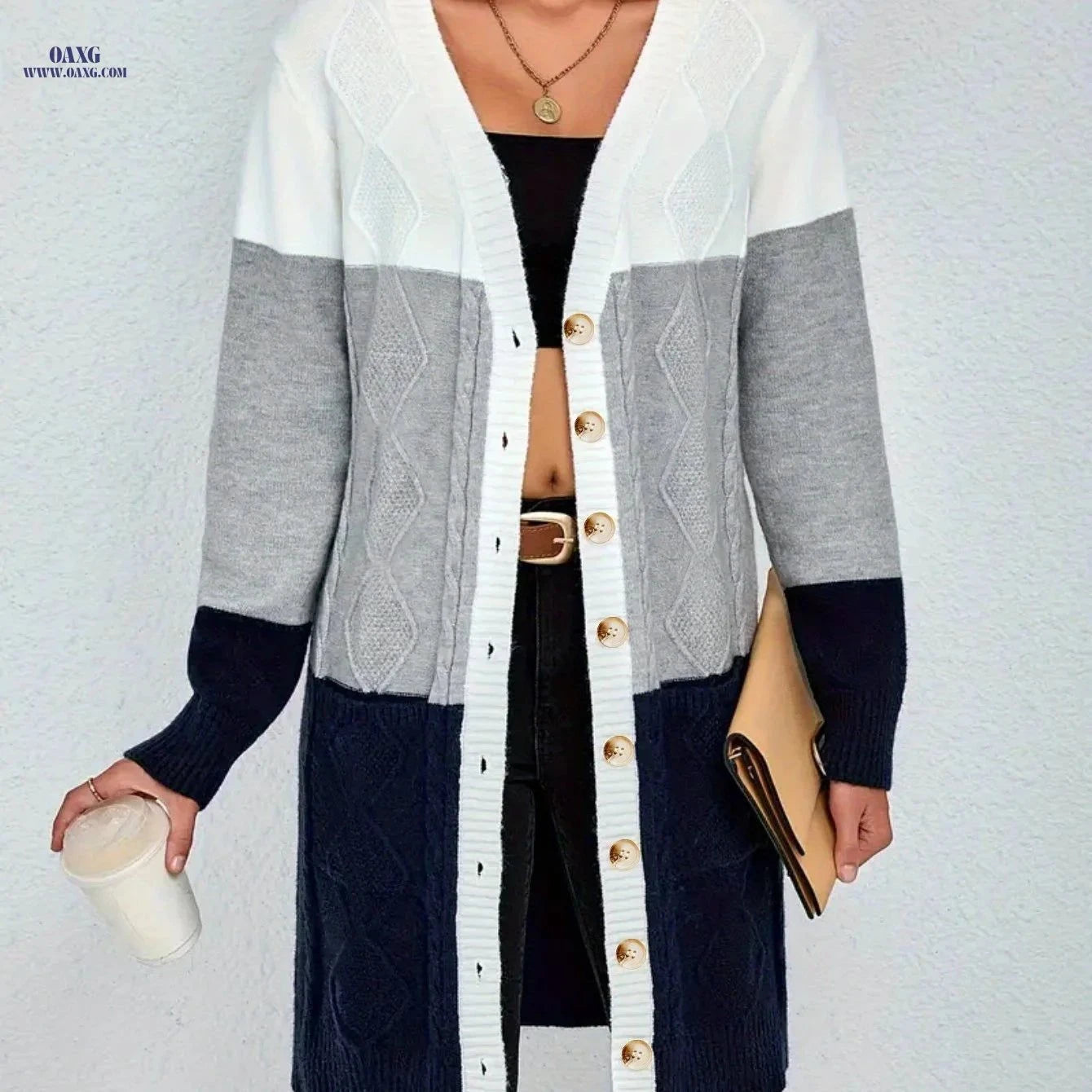 OAXG Women's Striped Cardigan - Stylish Mid-Length Knitwear for Fall   OAXG Mixed colors / S