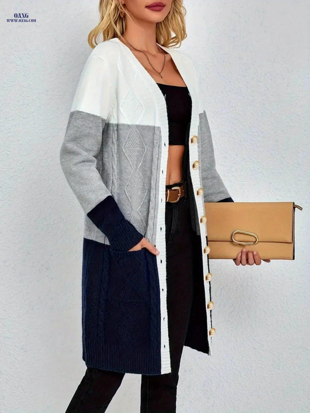 OAXG Women's Striped Cardigan - Stylish Mid-Length Knitwear for Fall   OAXG Mixed colors / S