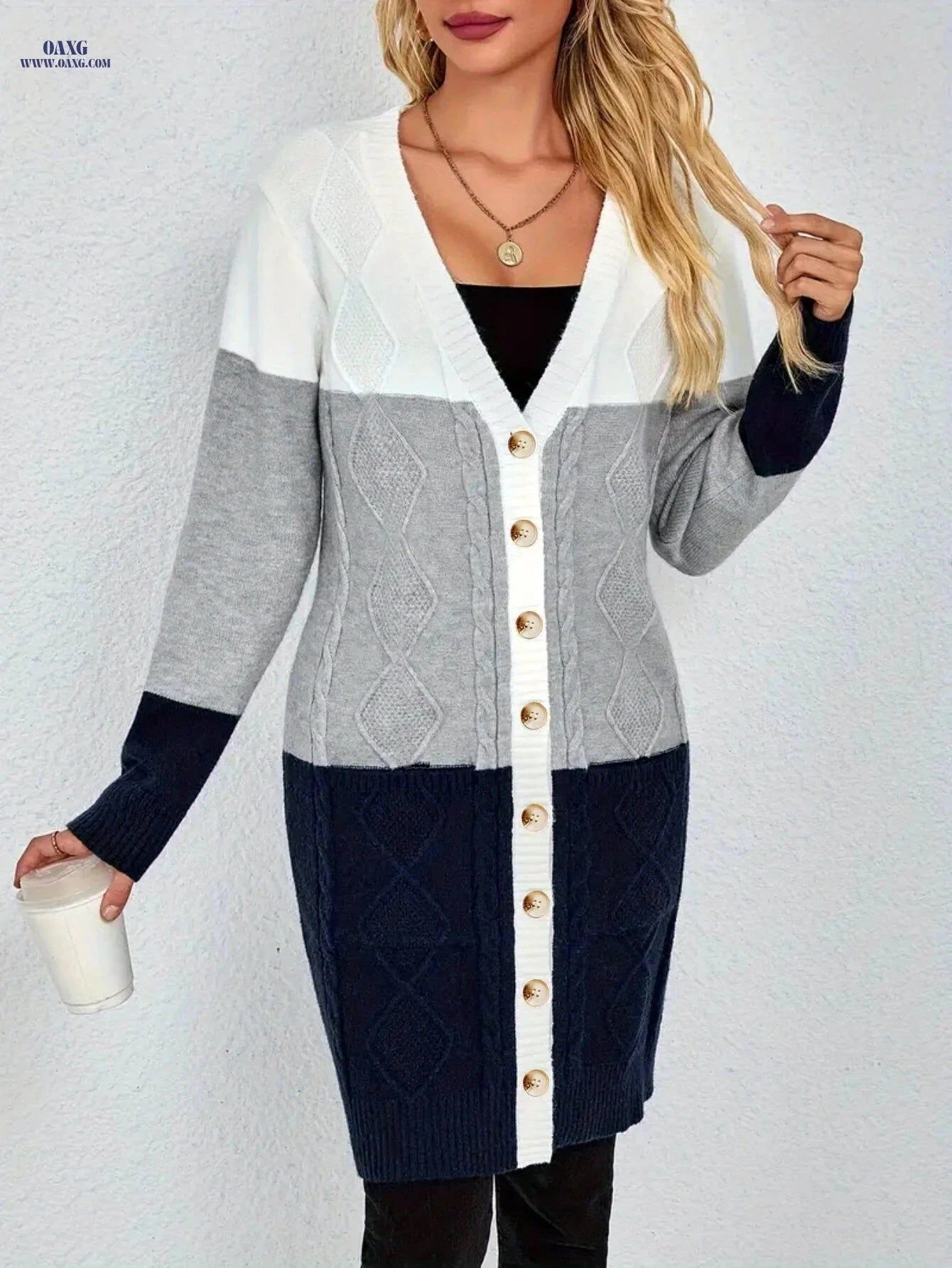 OAXG Women's Striped Cardigan - Stylish Mid-Length Knitwear for Fall   OAXG Mixed colors / S
