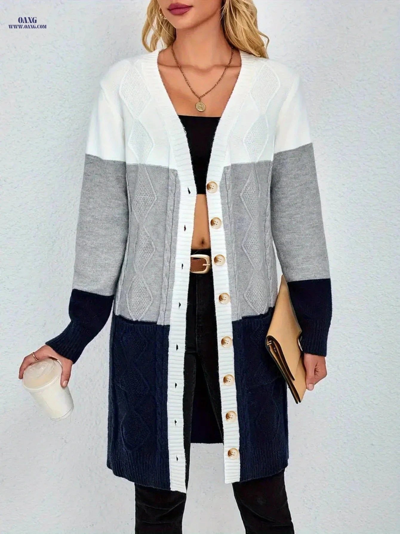 OAXG Women's Striped Cardigan - Stylish Mid-Length Knitwear for Fall   OAXG Mixed colors / S