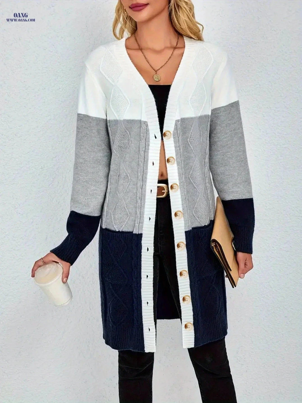 OAXG Women's Striped Cardigan - Stylish Mid-Length Knitwear for Fall   OAXG Mixed colors / S