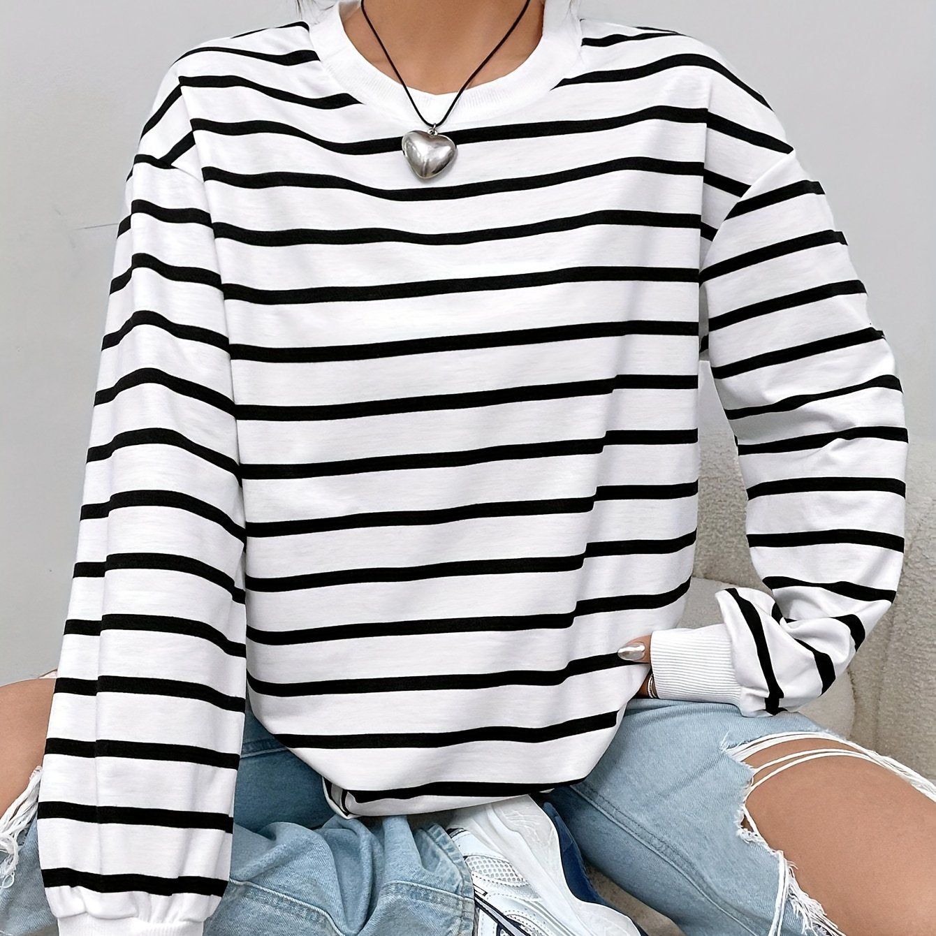 OAXG Women's Striped Sweatshirt - Elegant Crew Neck, Long Sleeve Fit   OAXG Black And White Color / S