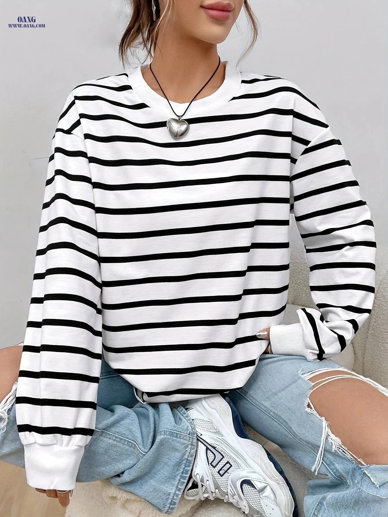 OAXG Women's Striped Sweatshirt - Elegant Crew Neck, Long Sleeve Fit   OAXG Black And White Color / S