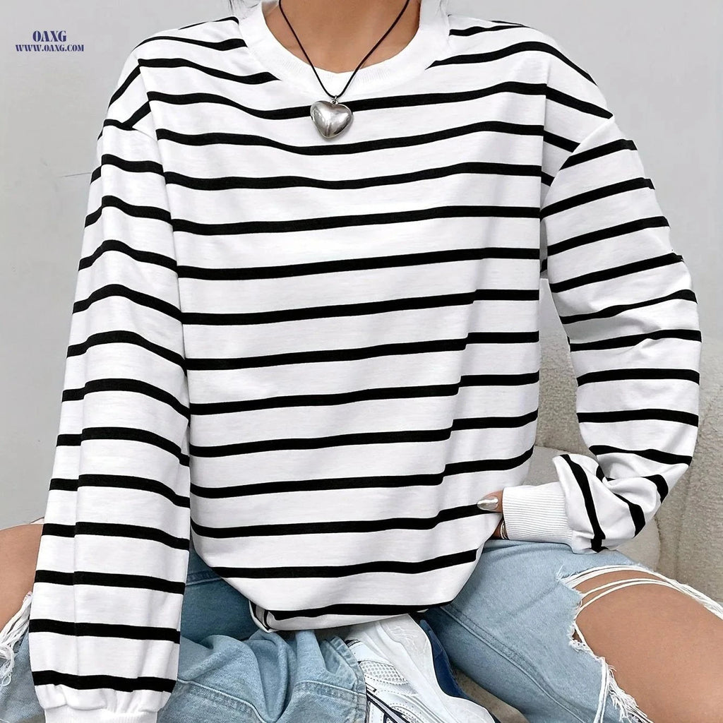 OAXG Women's Striped Sweatshirt - Elegant Crew Neck, Long Sleeve Fit   OAXG Black And White Color / S