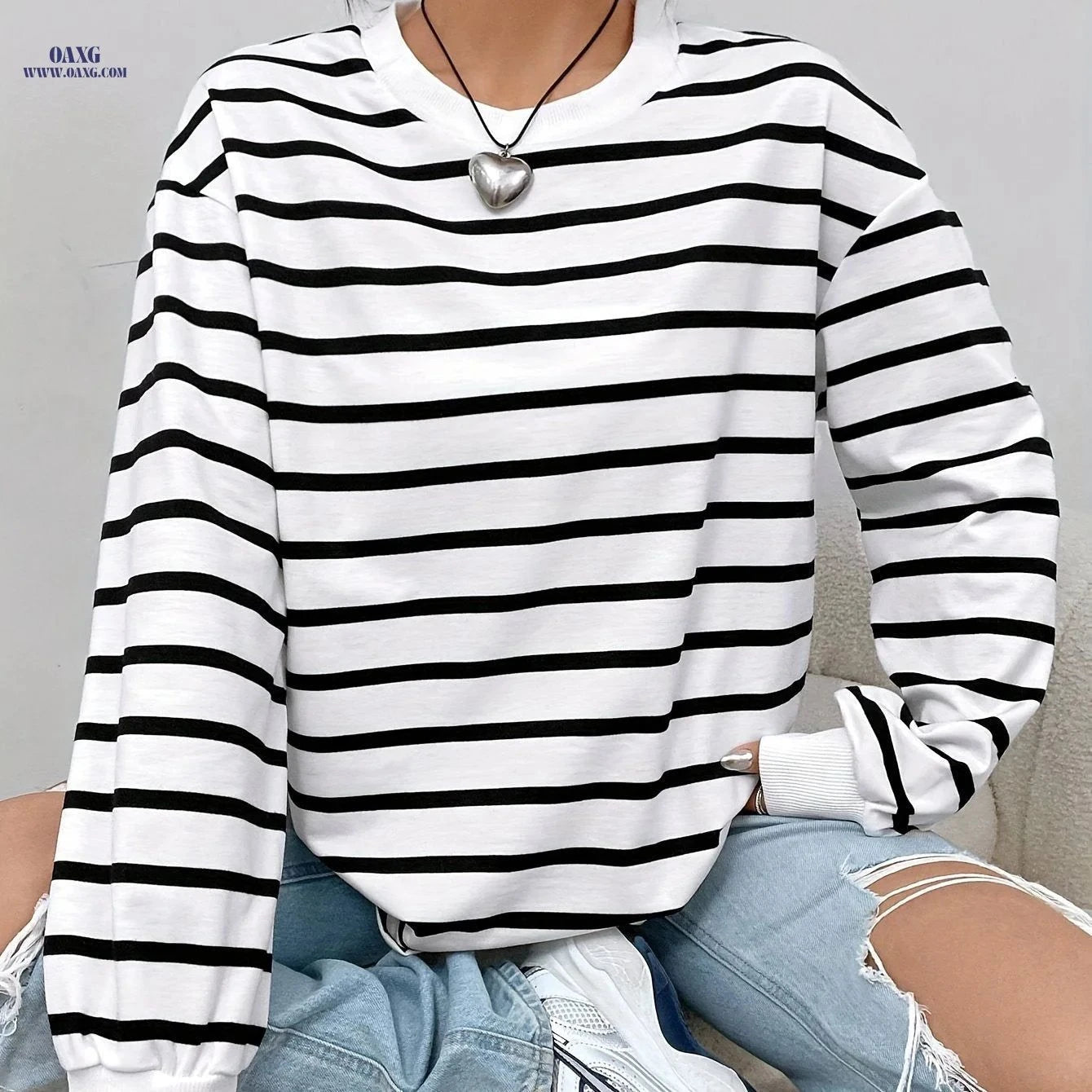 OAXG Women's Striped Sweatshirt - Elegant Crew Neck, Long Sleeve Fit   OAXG Black And White Color / S