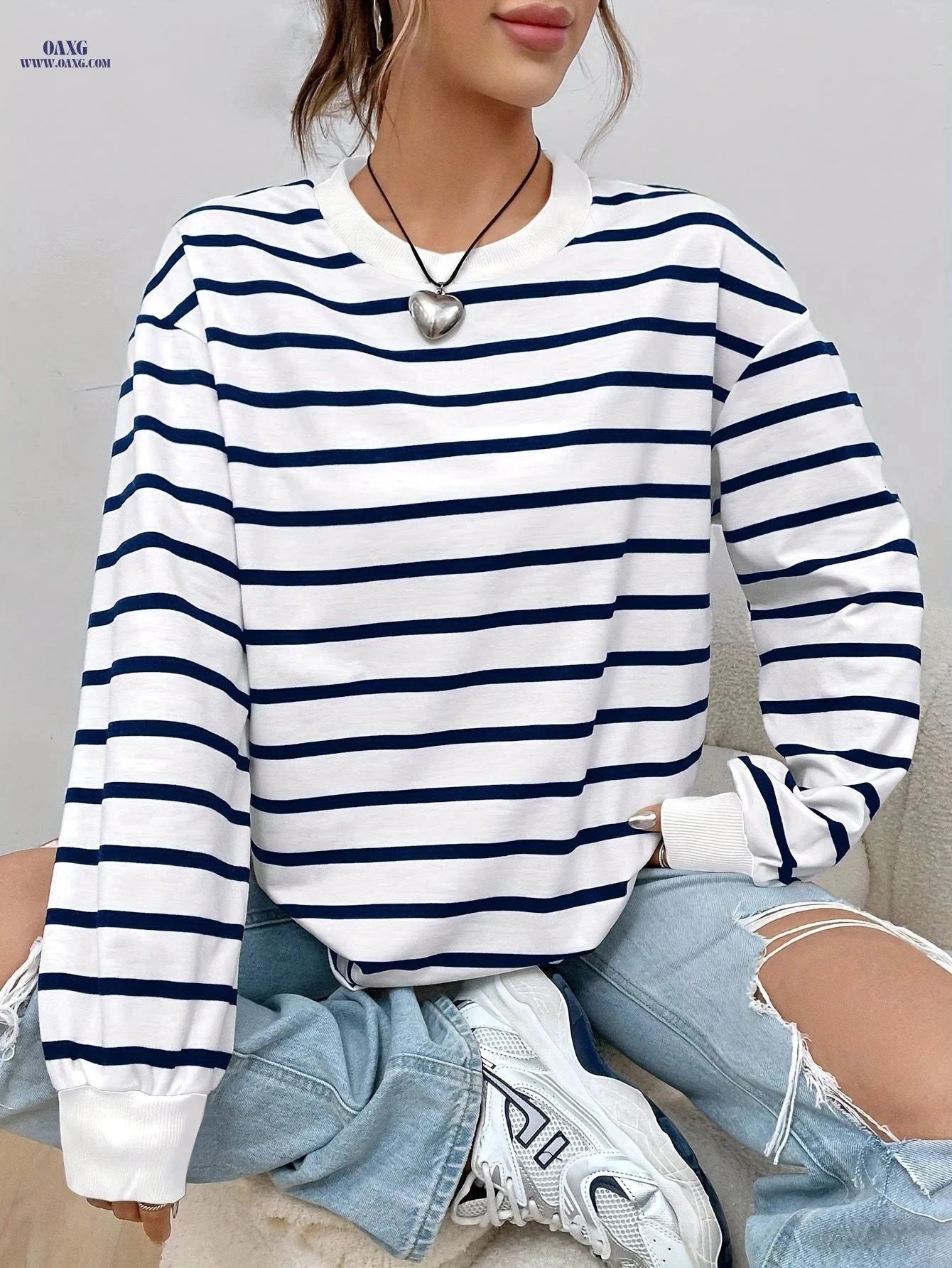 OAXG Women's Striped Sweatshirt - Elegant Crew Neck, Long Sleeve Fit   OAXG Black And White Color / S